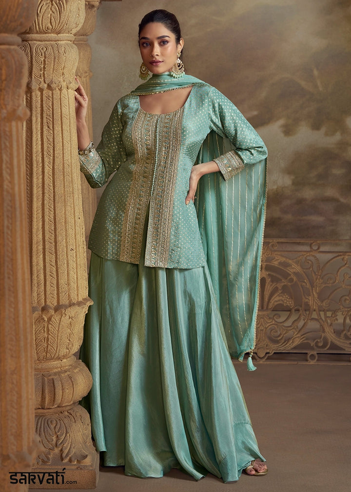 Cadet Blue Georgette Palazzo Set with Thread Embroidery work