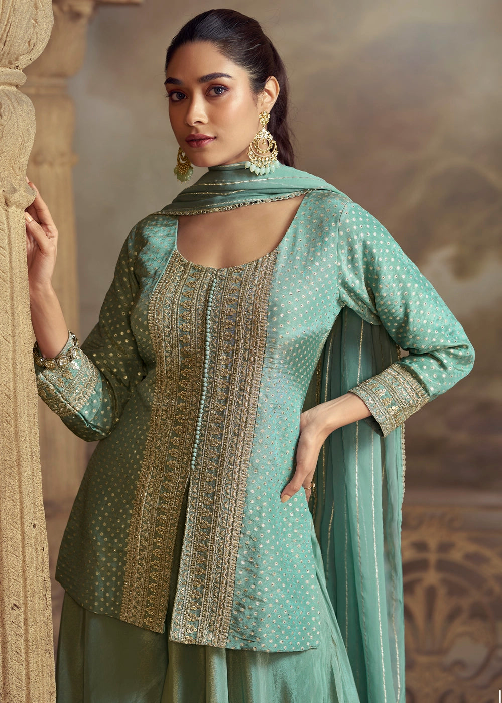 Cadet Blue Georgette Palazzo Set with Thread Embroidery work
