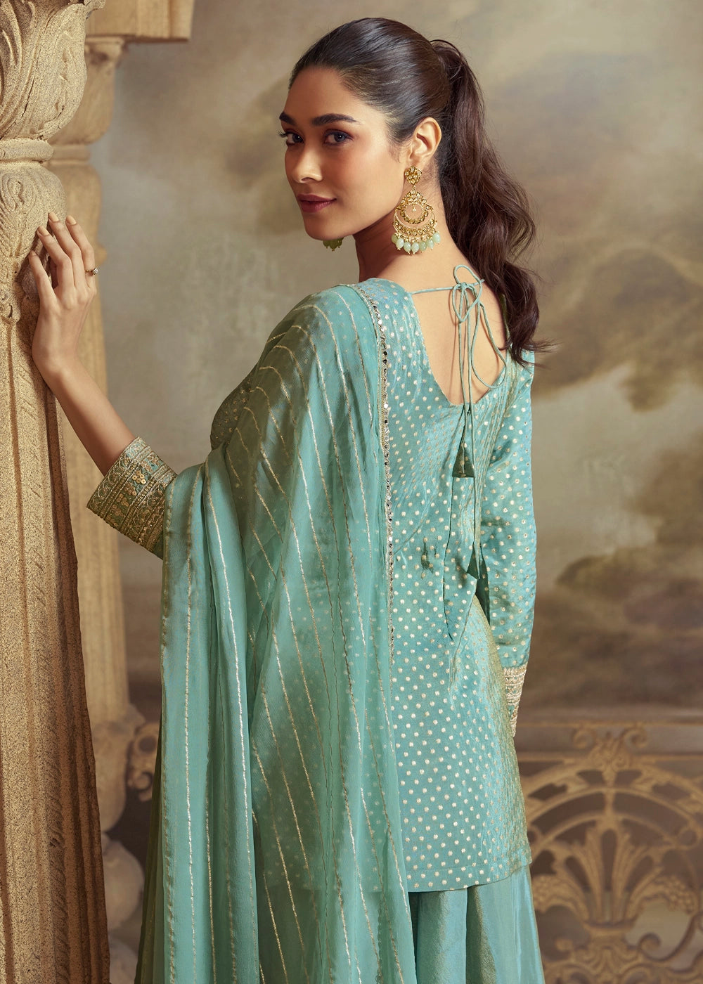 Cadet Blue Georgette Palazzo Set with Thread Embroidery work