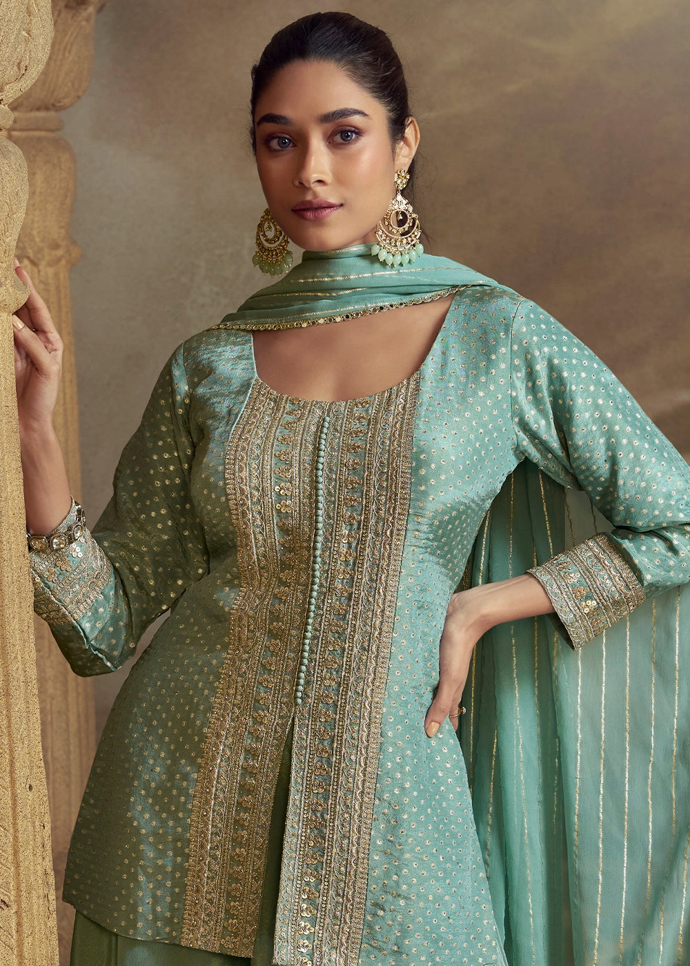Cadet Blue Georgette Palazzo Set with Thread Embroidery work