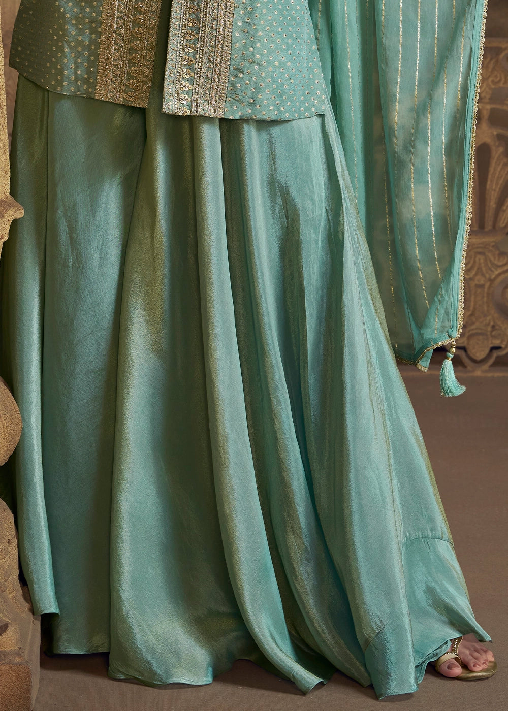 Cadet Blue Georgette Palazzo Set with Thread Embroidery work