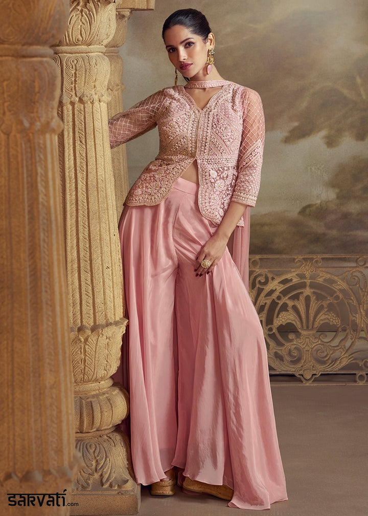 Bubblegum Pink Net Top with Viscose Palazzo having Thread Embroidery work