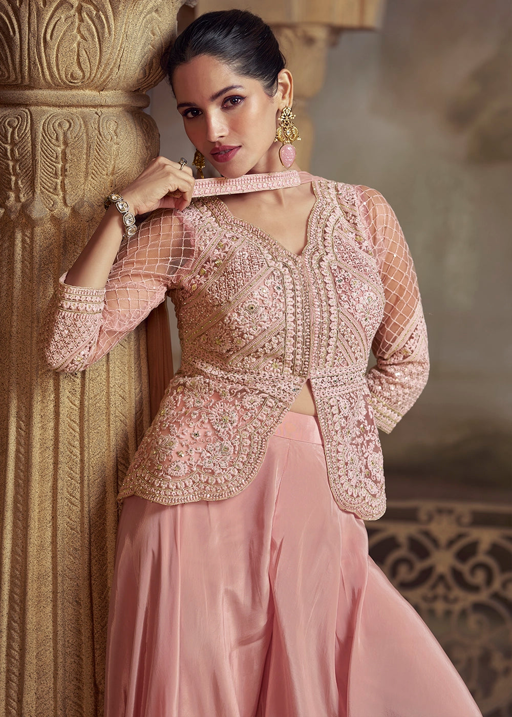 Bubblegum Pink Net Top with Viscose Palazzo having Thread Embroidery work