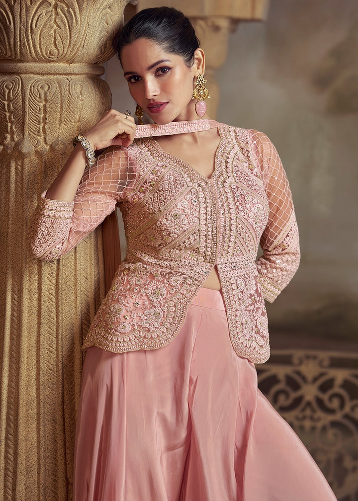 Bubblegum Pink Net Top with Viscose Palazzo having Thread Embroidery work