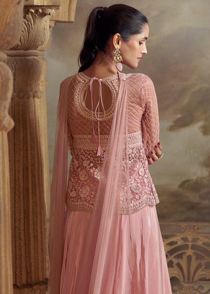 Bubblegum Pink Net Top with Viscose Palazzo having Thread Embroidery work