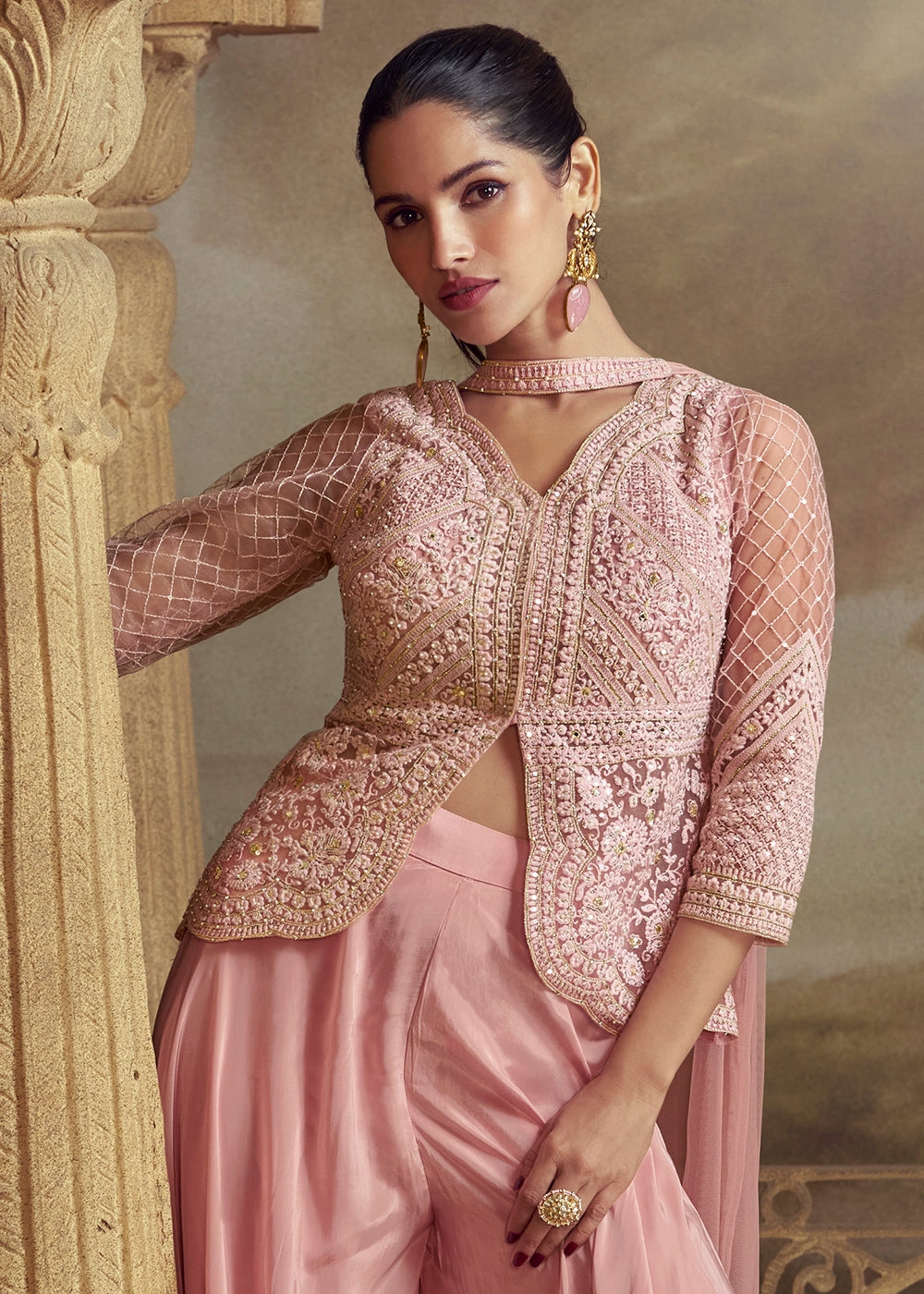 Bubblegum Pink Net Top with Viscose Palazzo having Thread Embroidery work