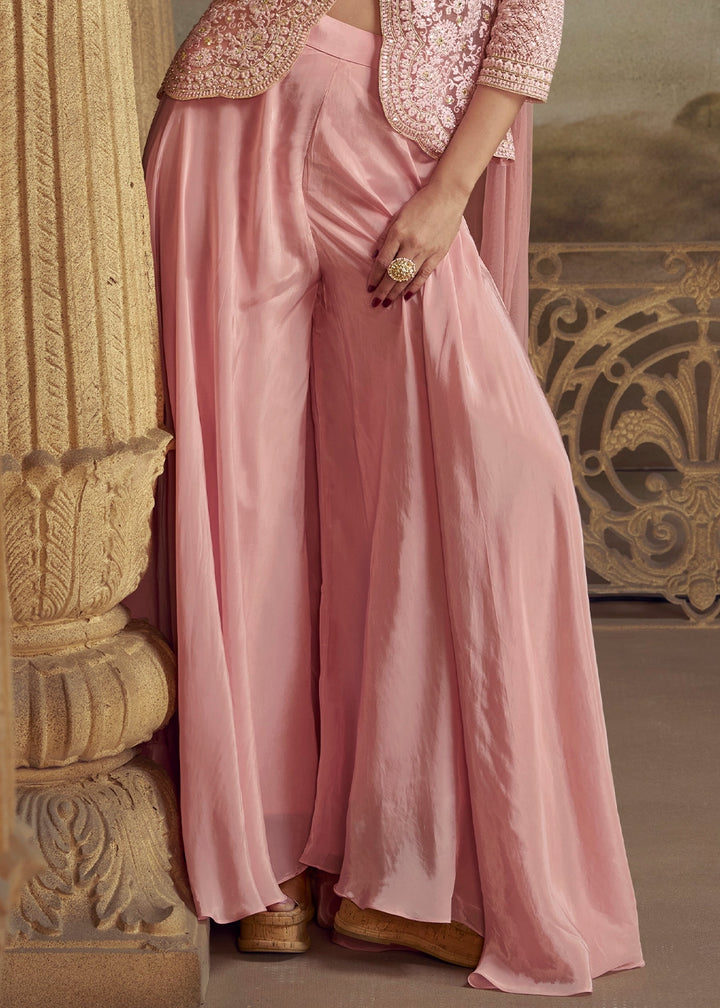 Bubblegum Pink Net Top with Viscose Palazzo having Thread Embroidery work