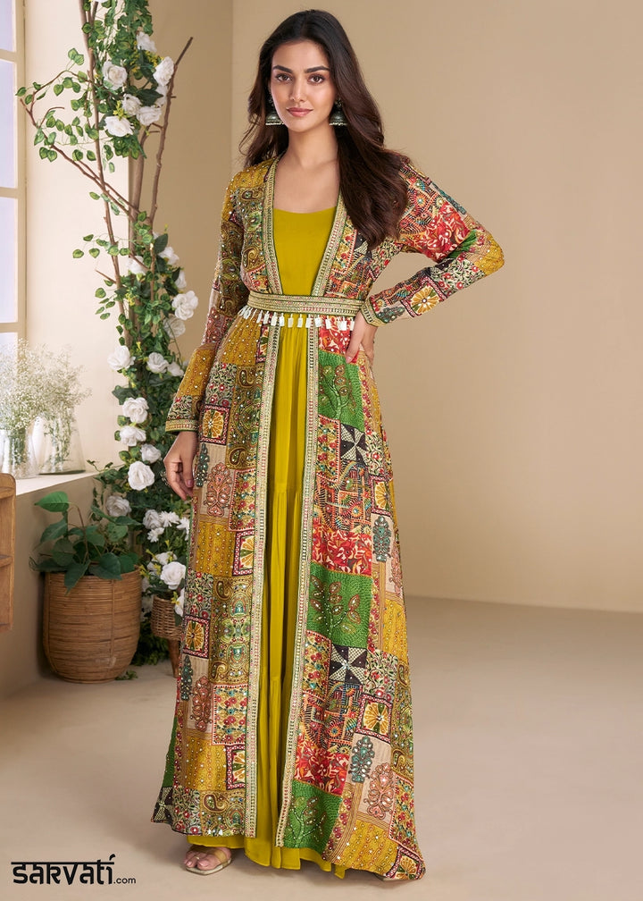 Mustard Yellow Georgette Anarkali with Hand Embellished Overlay Shrug