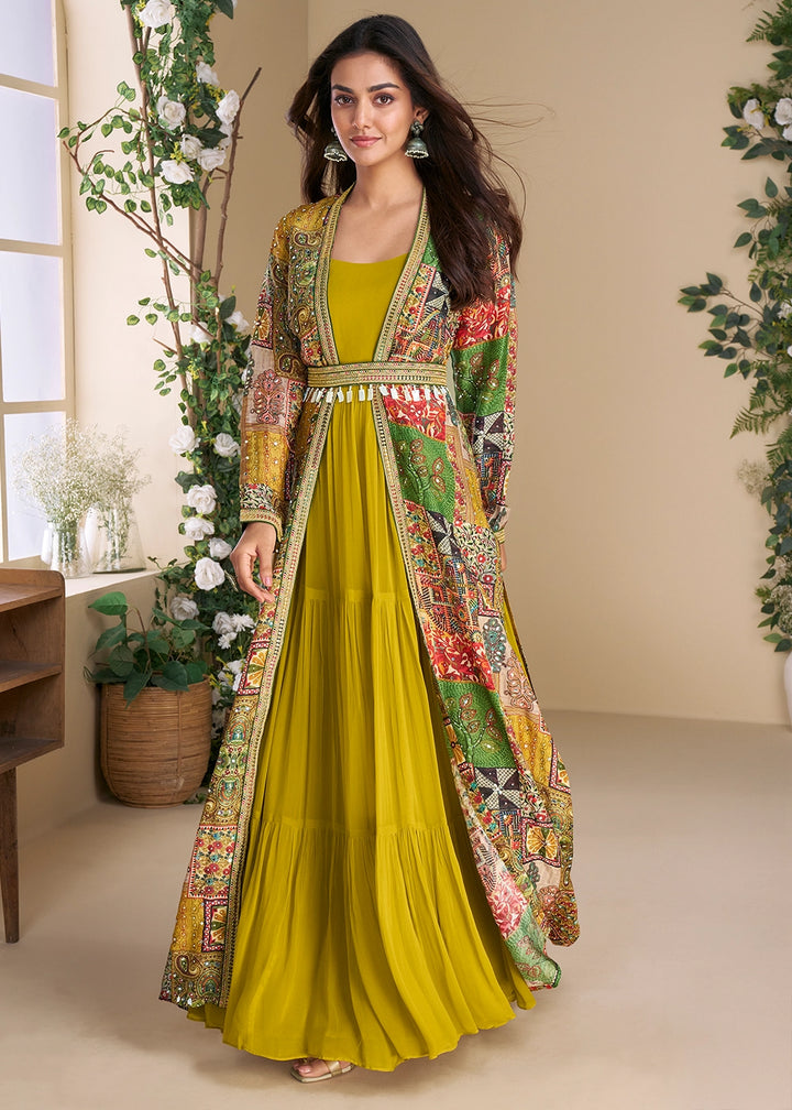 Mustard Yellow Georgette Anarkali with Hand Embellished Overlay Shrug