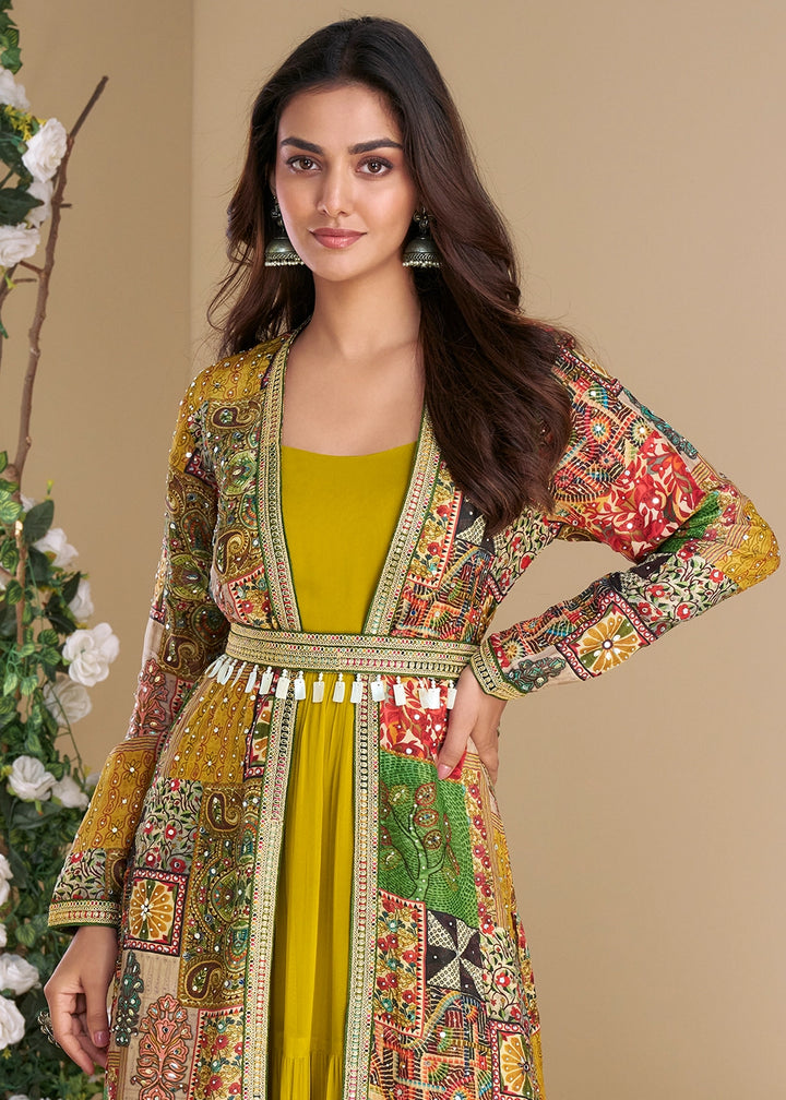 Mustard Yellow Georgette Anarkali with Hand Embellished Overlay Shrug