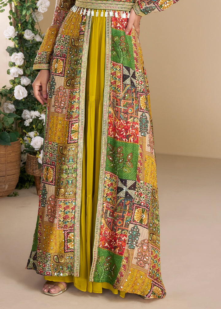 Mustard Yellow Georgette Anarkali with Hand Embellished Overlay Shrug