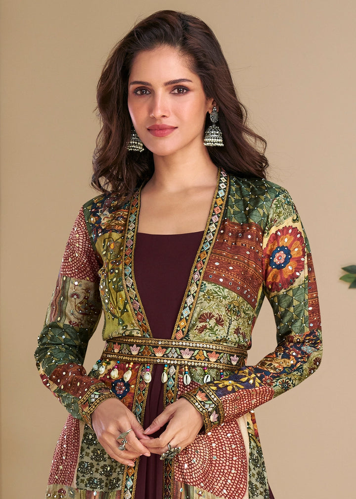 Hickory Brown Georgette Anarkali with Hand Embellished Overlay Shrug