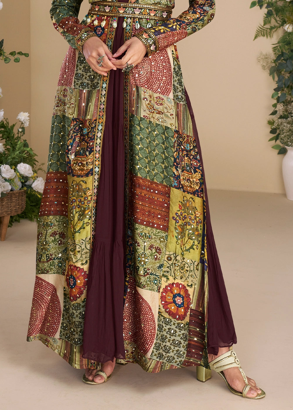 Hickory Brown Georgette Anarkali with Hand Embellished Overlay Shrug