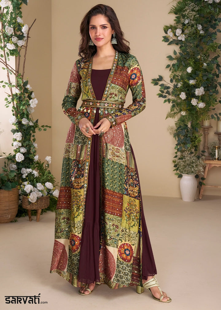 Hickory Brown Georgette Anarkali with Hand Embellished Overlay Shrug