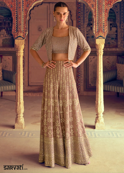 Beige Brown & Golden Georgette Swarovski Embellished Palazzo Set with Jacket