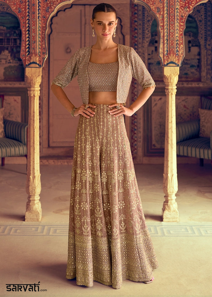 Beige Brown & Golden Georgette Swarovski Embellished Palazzo Set with Jacket