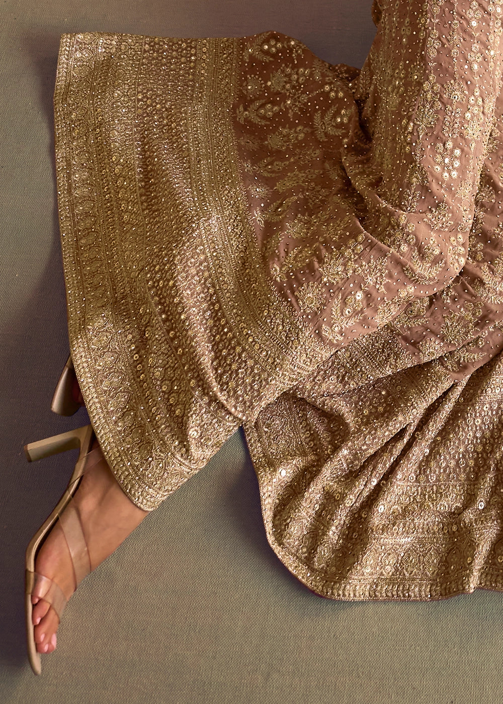 Beige Brown & Golden Georgette Swarovski Embellished Palazzo Set with Jacket