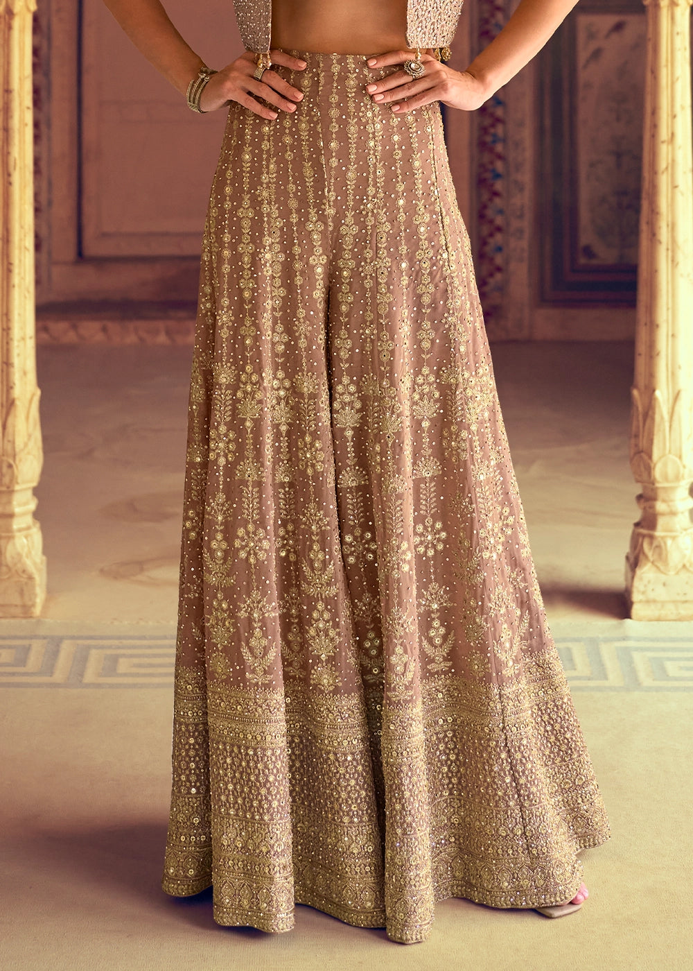 Beige Brown & Golden Georgette Swarovski Embellished Palazzo Set with Jacket