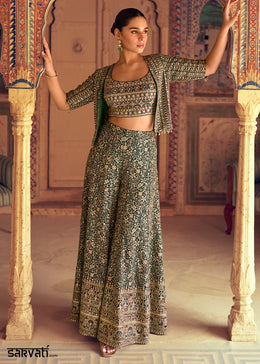 Dark Green Georgette Swarovski Embellished Palazzo Set with Jacket