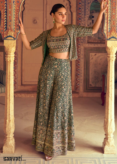Dark Green Georgette Swarovski Embellished Palazzo Set with Jacket