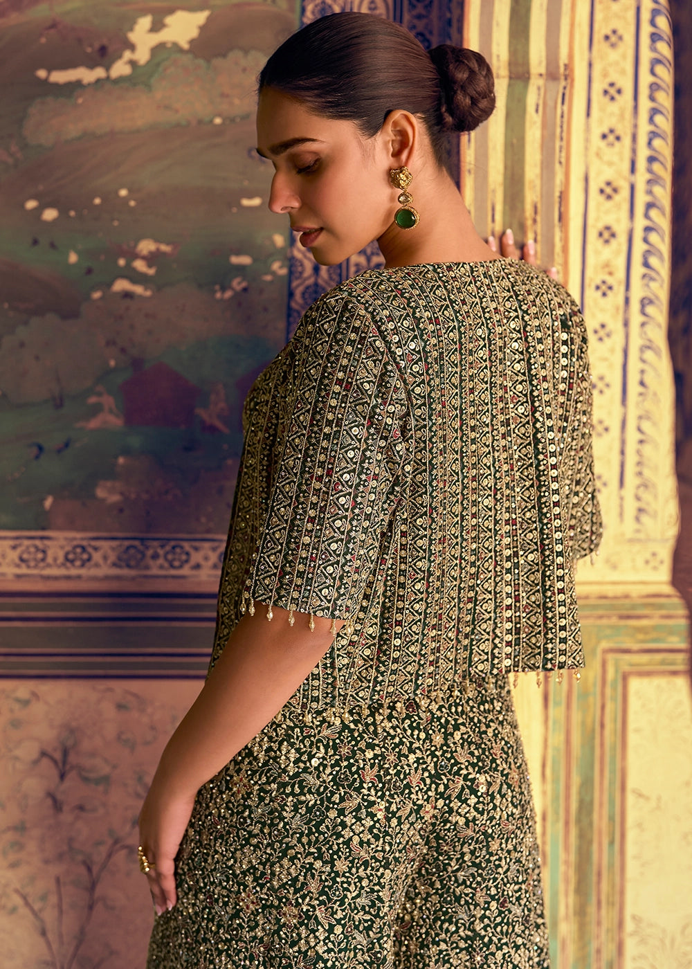 Dark Green Georgette Swarovski Embellished Palazzo Set with Jacket