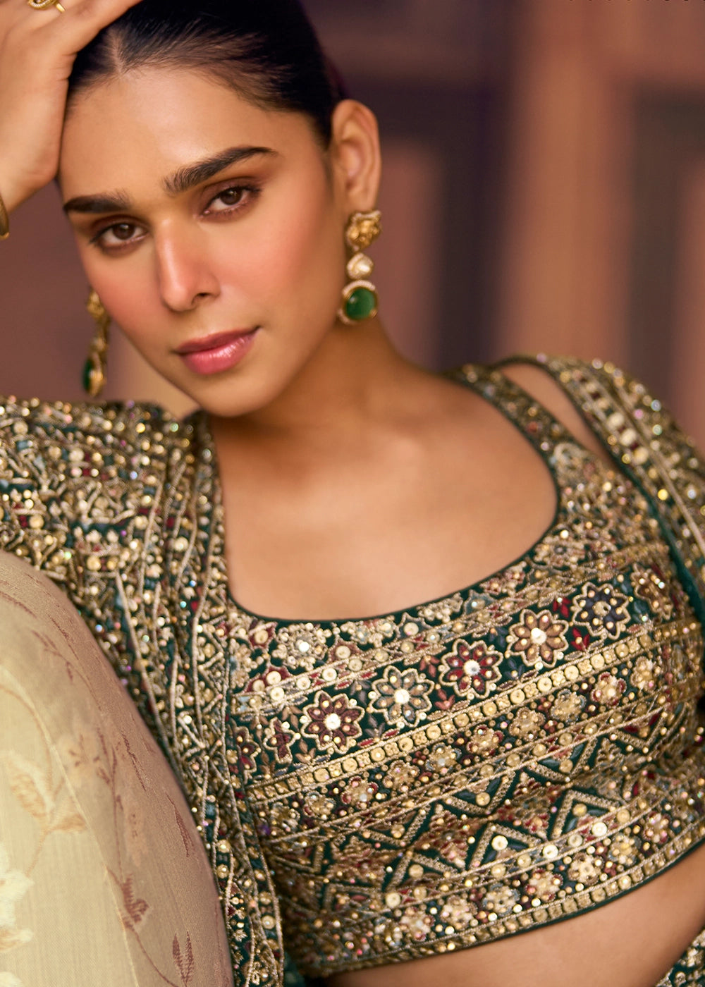 Dark Green Georgette Swarovski Embellished Palazzo Set with Jacket