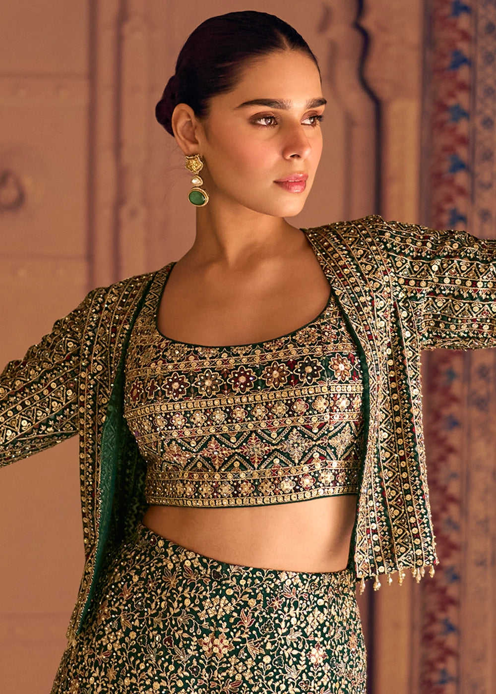 Dark Green Georgette Swarovski Embellished Palazzo Set with Jacket