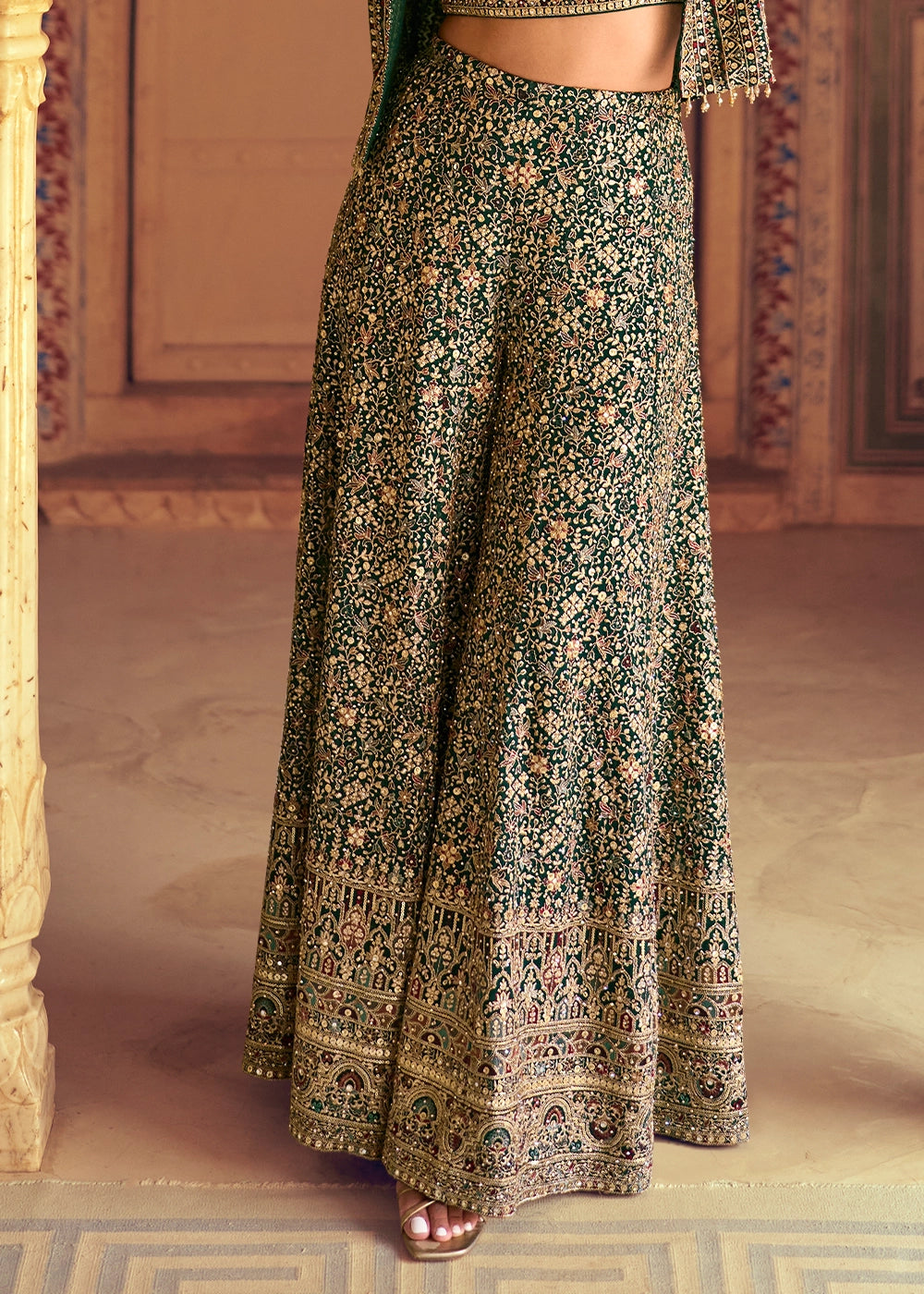 Dark Green Georgette Swarovski Embellished Palazzo Set with Jacket