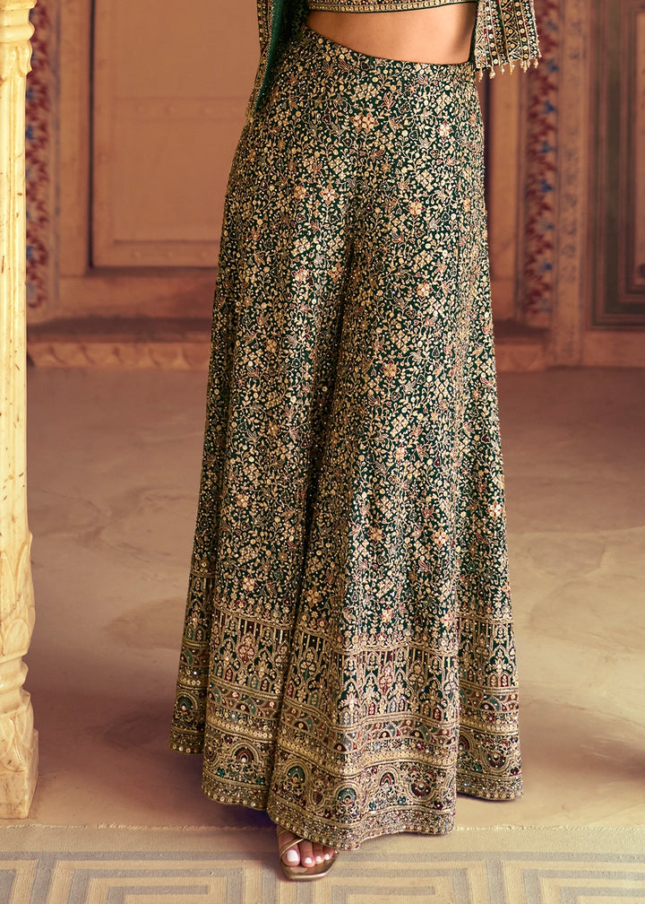 Dark Green Georgette Swarovski Embellished Palazzo Set with Jacket