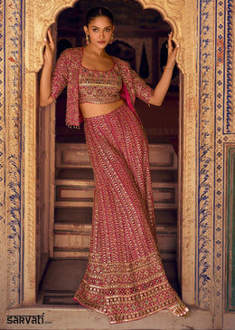 Hot Pink Georgette Swarovski Embellished Palazzo Set with Jacket