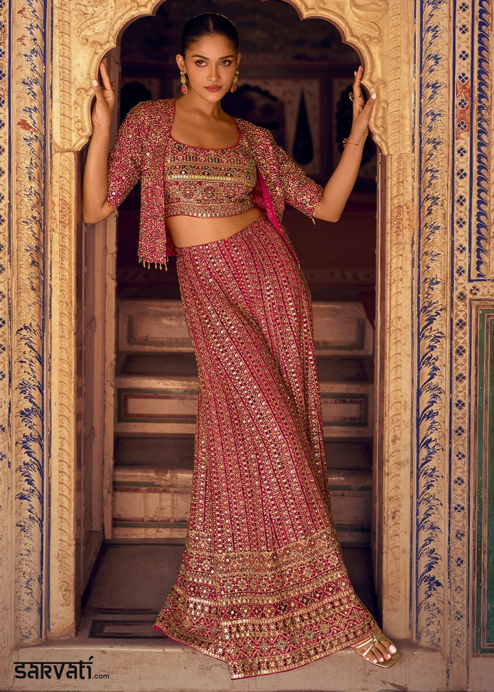 Hot Pink Georgette Swarovski Embellished Palazzo Set with Jacket