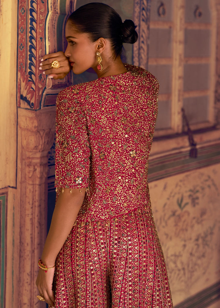 Hot Pink Georgette Swarovski Embellished Palazzo Set with Jacket