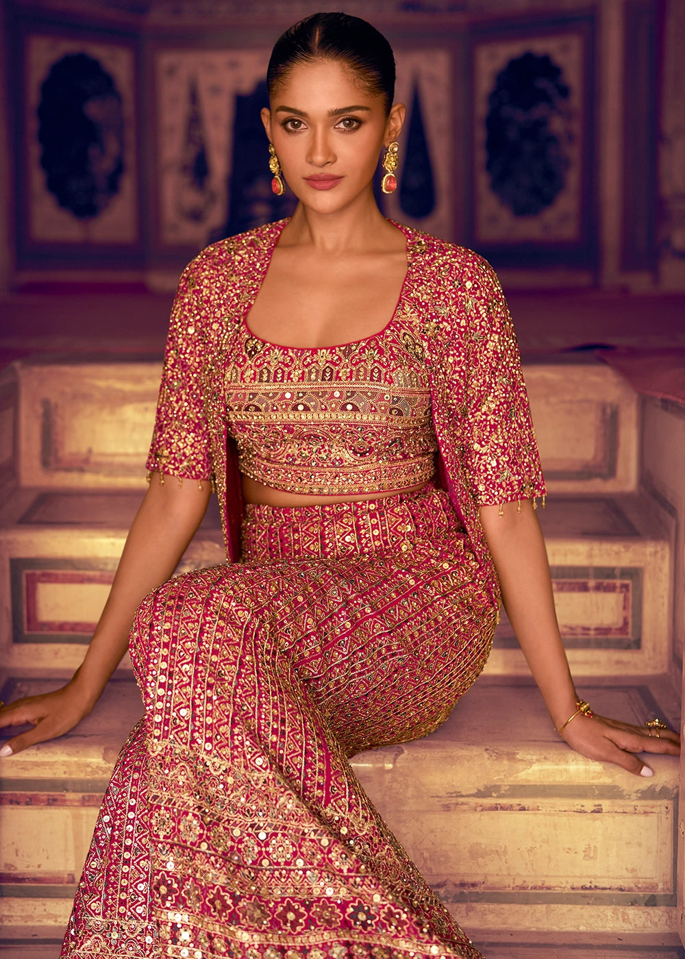 Hot Pink Georgette Swarovski Embellished Palazzo Set with Jacket