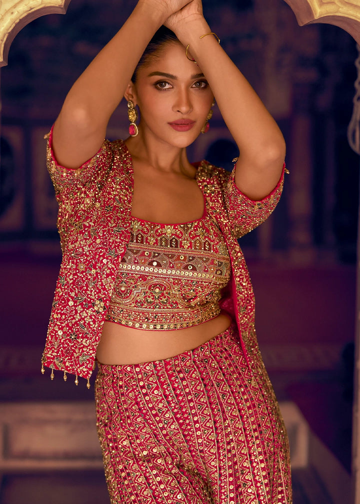Hot Pink Georgette Swarovski Embellished Palazzo Set with Jacket