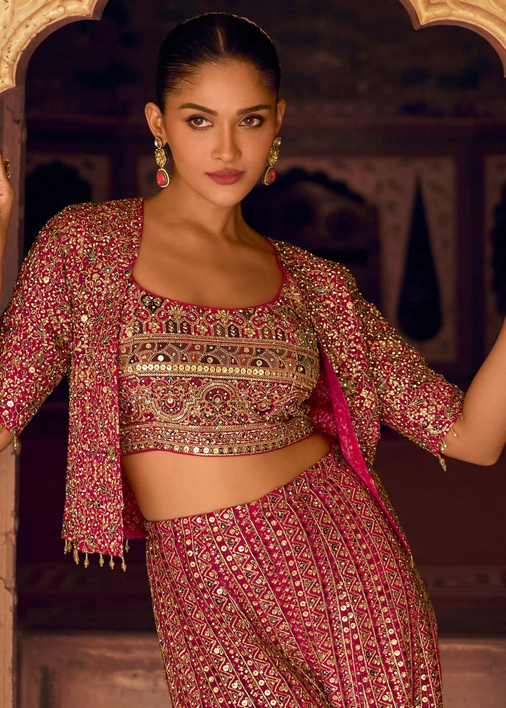 Hot Pink Georgette Swarovski Embellished Palazzo Set with Jacket