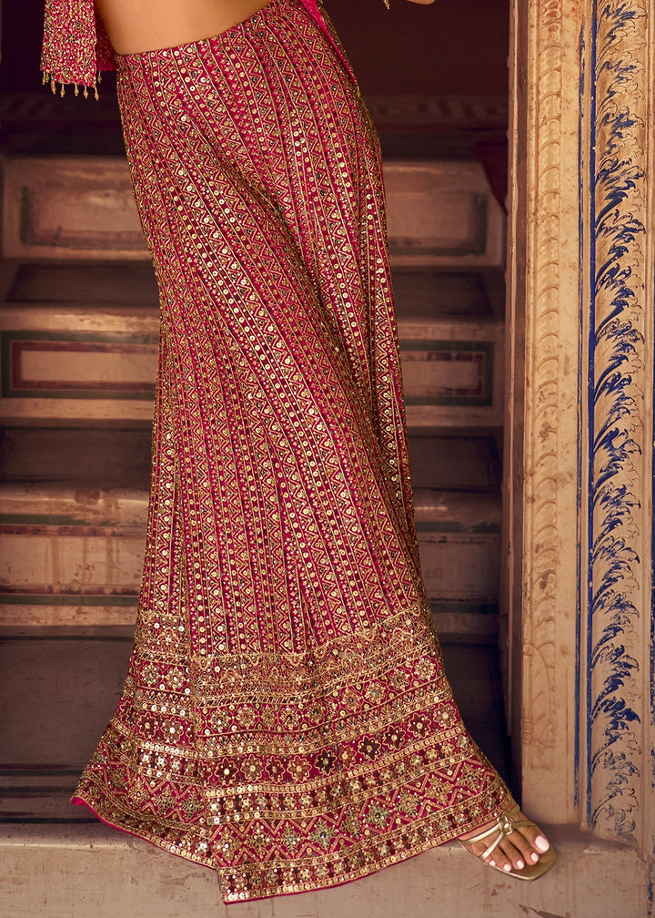 Hot Pink Georgette Swarovski Embellished Palazzo Set with Jacket