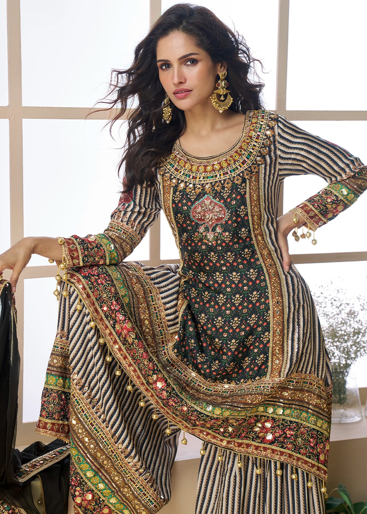 Shaded Black-Green Palazzo Set in Viscose Crepe Silk with Aari Work