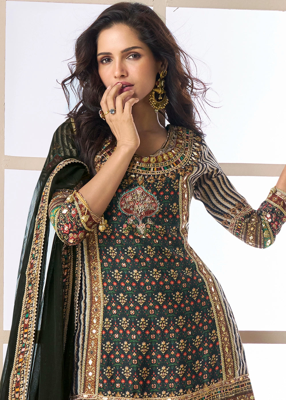 Shaded Black-Green Palazzo Set in Viscose Crepe Silk with Aari Work
