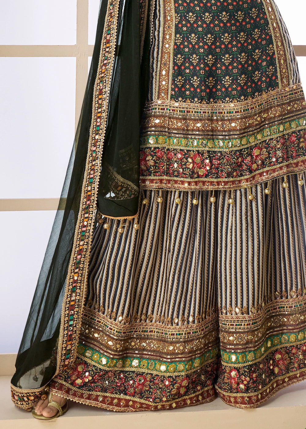 Shaded Black-Green Palazzo Set in Viscose Crepe Silk with Aari Work