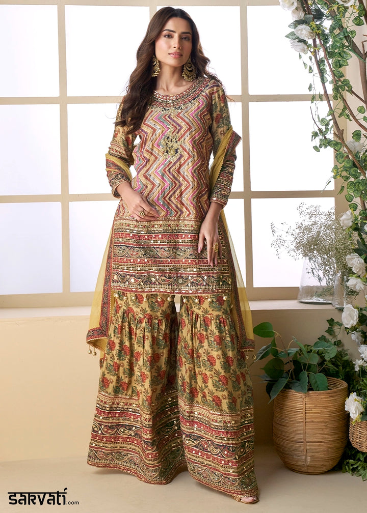 Brown Multi Toned Palazzo Set in Viscose Crepe Silk with Aari Work