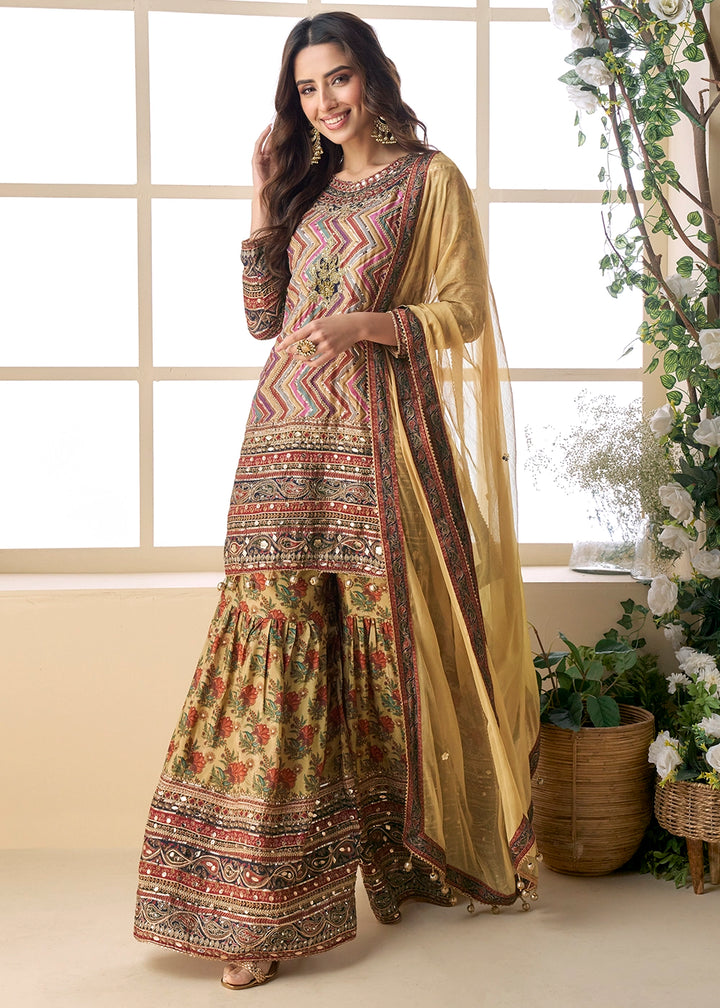 Brown Multi Toned Palazzo Set in Viscose Crepe Silk with Aari Work
