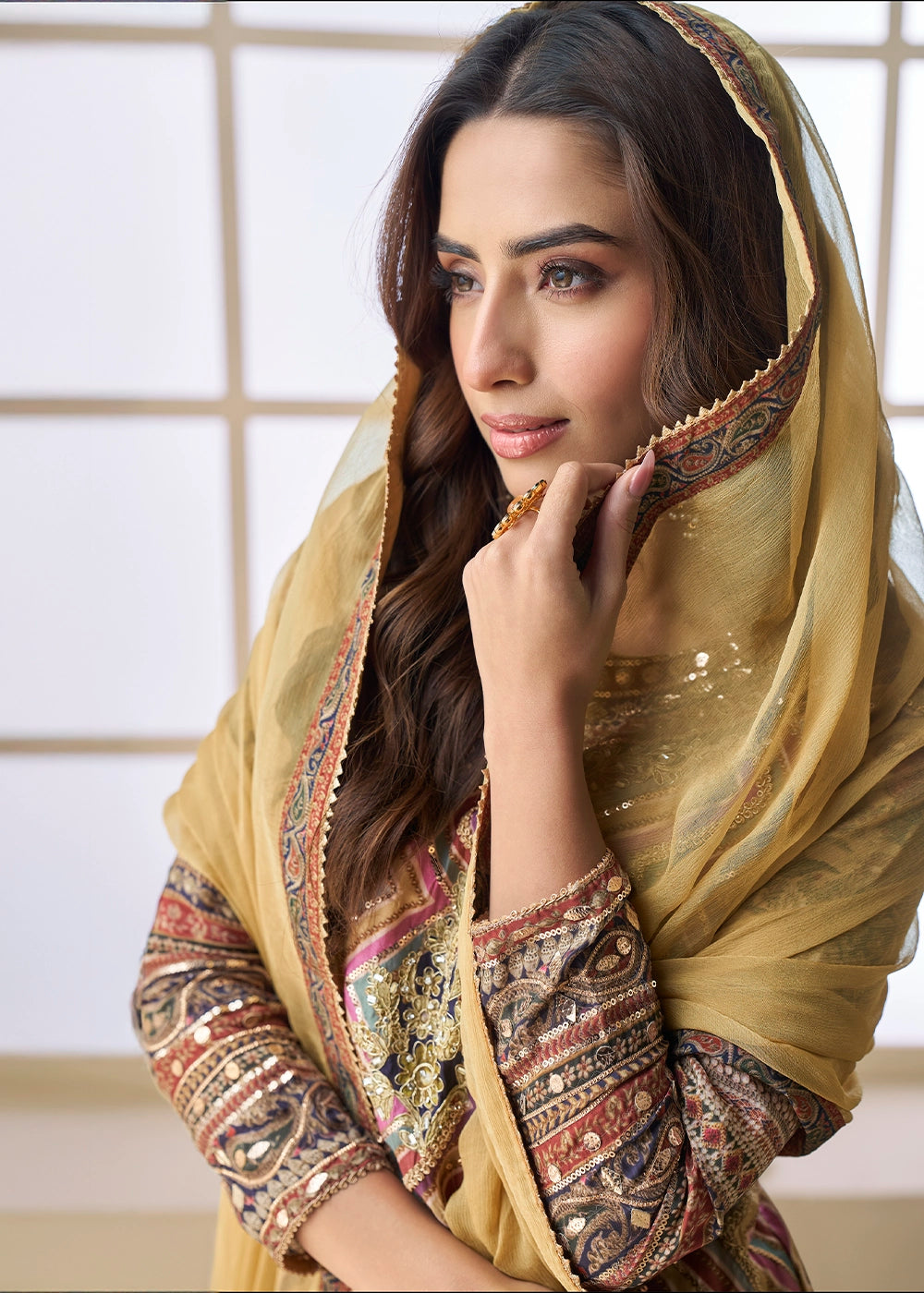 Brown Multi Toned Palazzo Set in Viscose Crepe Silk with Aari Work
