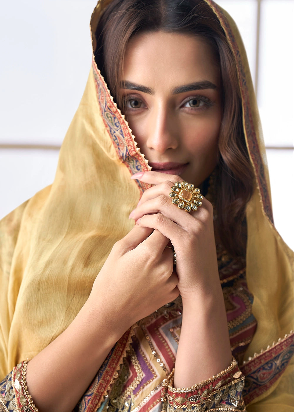 Brown Multi Toned Palazzo Set in Viscose Crepe Silk with Aari Work