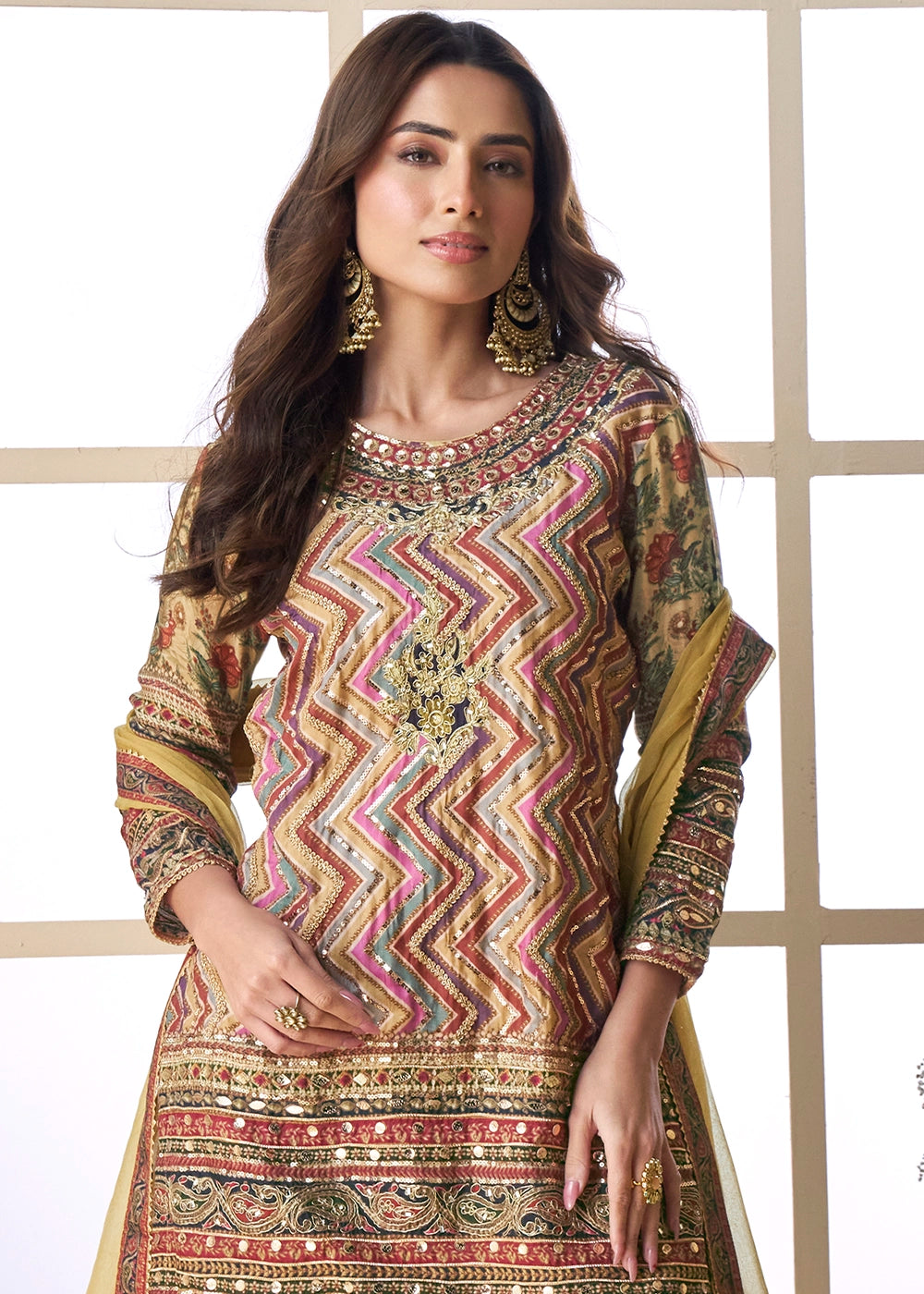 Brown Multi Toned Palazzo Set in Viscose Crepe Silk with Aari Work