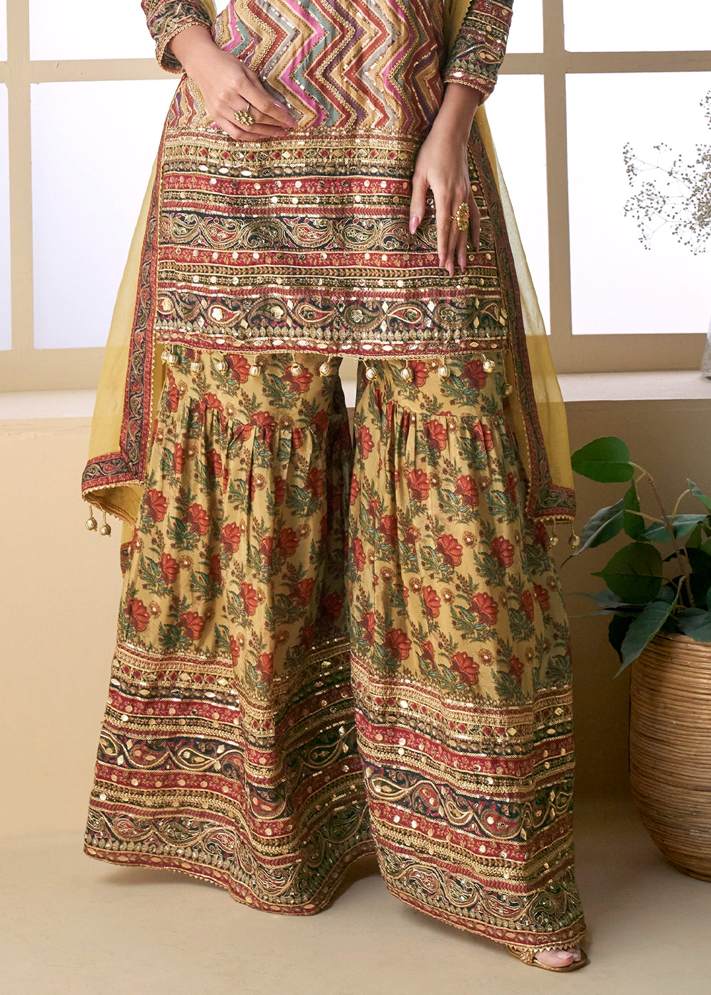 Brown Multi Toned Palazzo Set in Viscose Crepe Silk with Aari Work