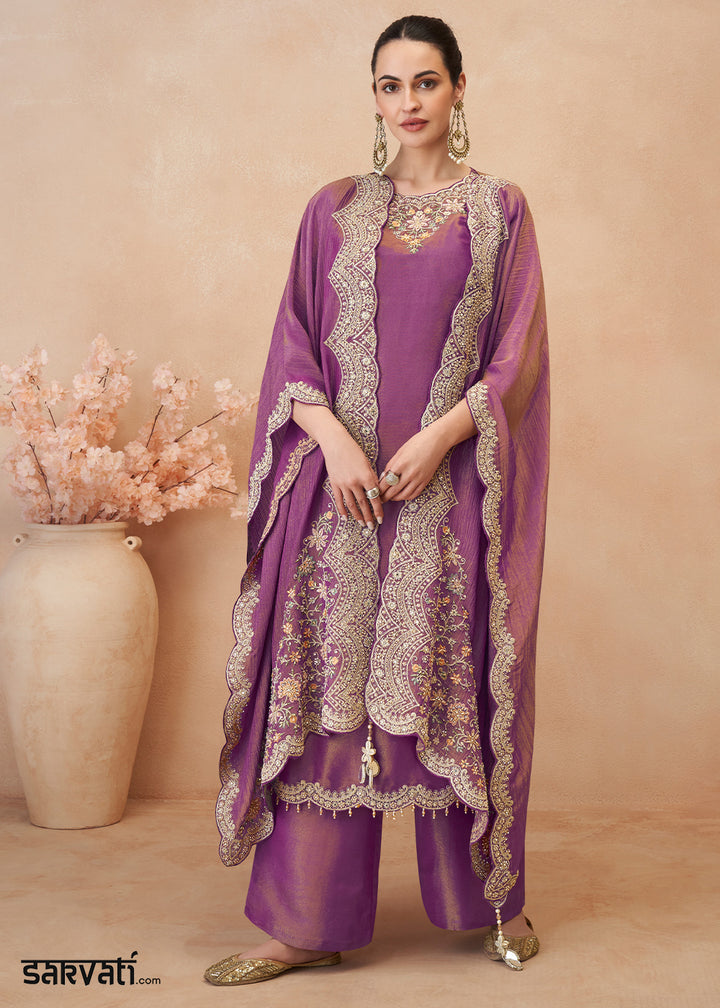 Tones of Purple Simar Silk Embroidered Palazzo Set with Jacket Style Dupatta