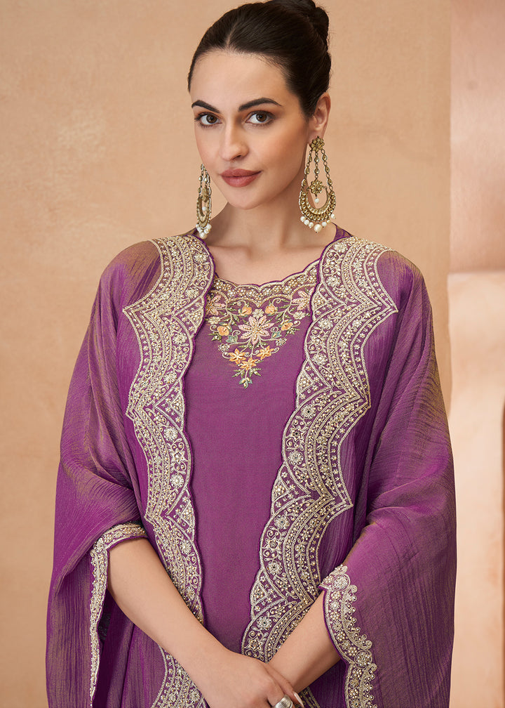 Tones of Purple Simar Silk Embroidered Palazzo Set with Jacket Style Dupatta