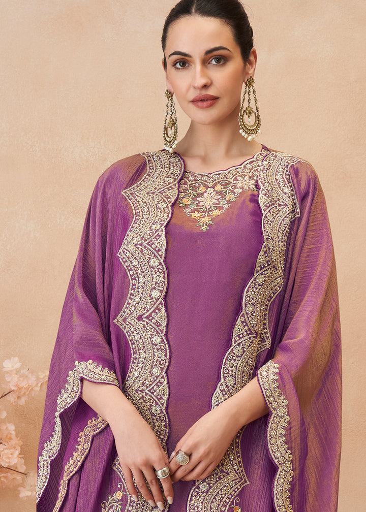 Tones of Purple Simar Silk Embroidered Palazzo Set with Jacket Style Dupatta