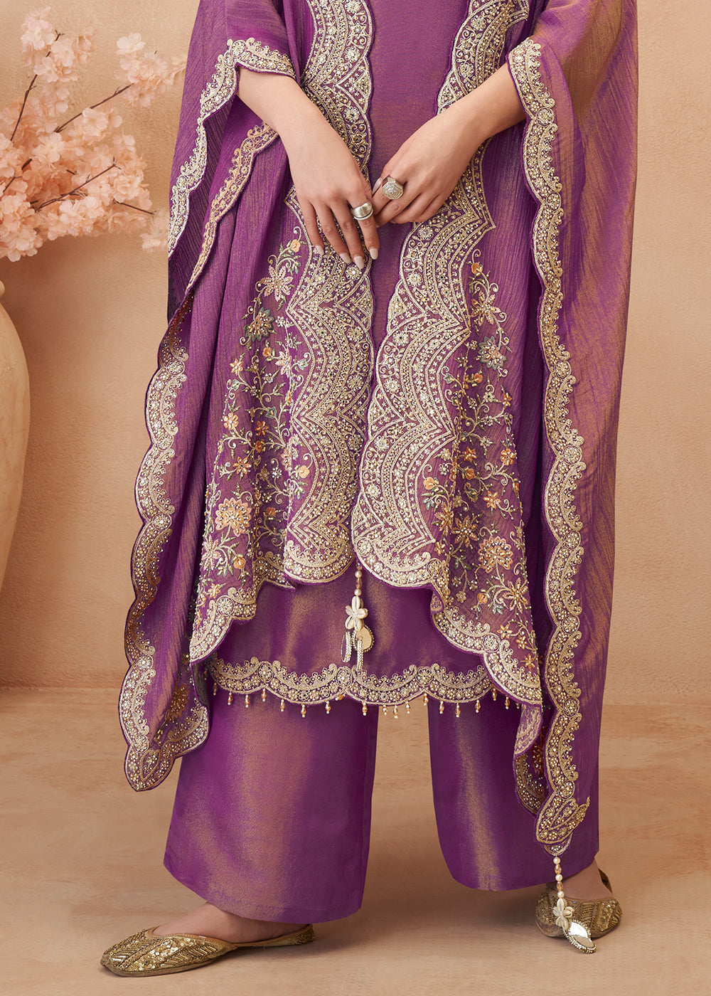 Tones of Purple Simar Silk Embroidered Palazzo Set with Jacket Style Dupatta