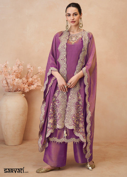 Tones of Purple Simar Silk Embroidered Palazzo Set with Jacket Style Dupatta